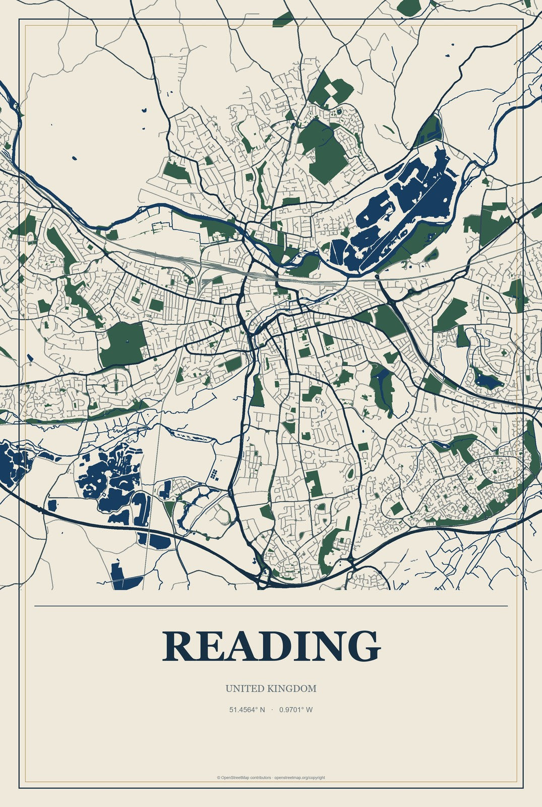 Reading, United Kingdom City Map Aluminum Sign in Coastal Cutout style