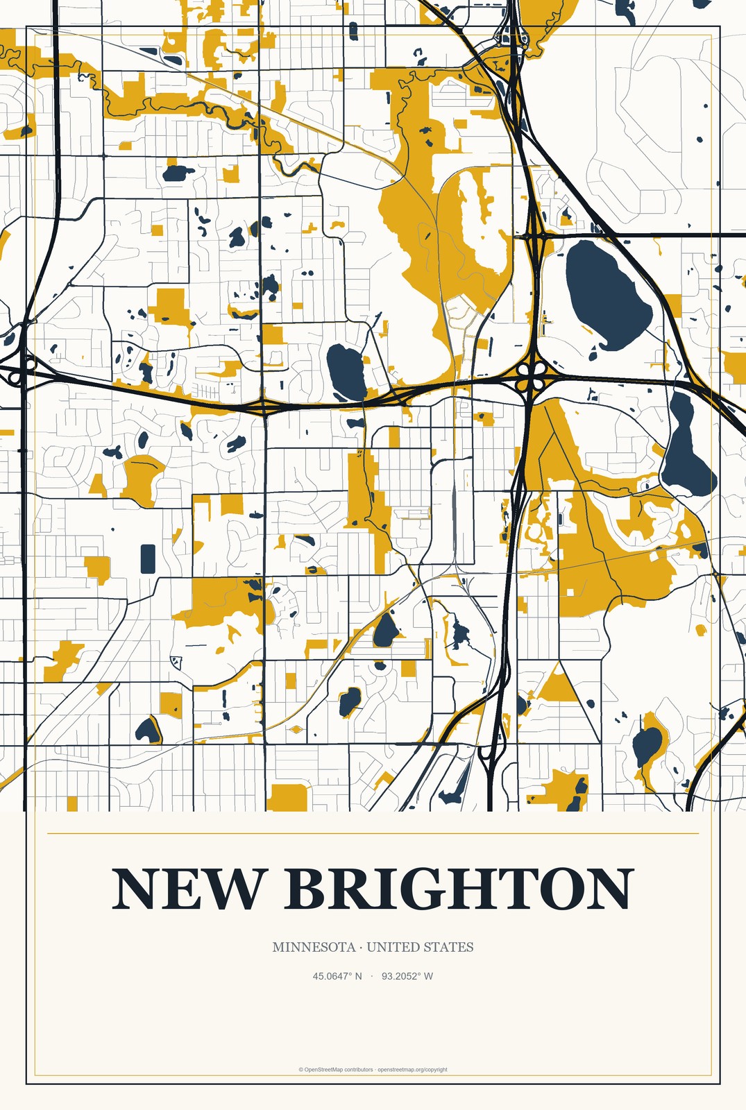 New Brighton, Minnesota City Map Aluminum Sign in Citrine Modern style