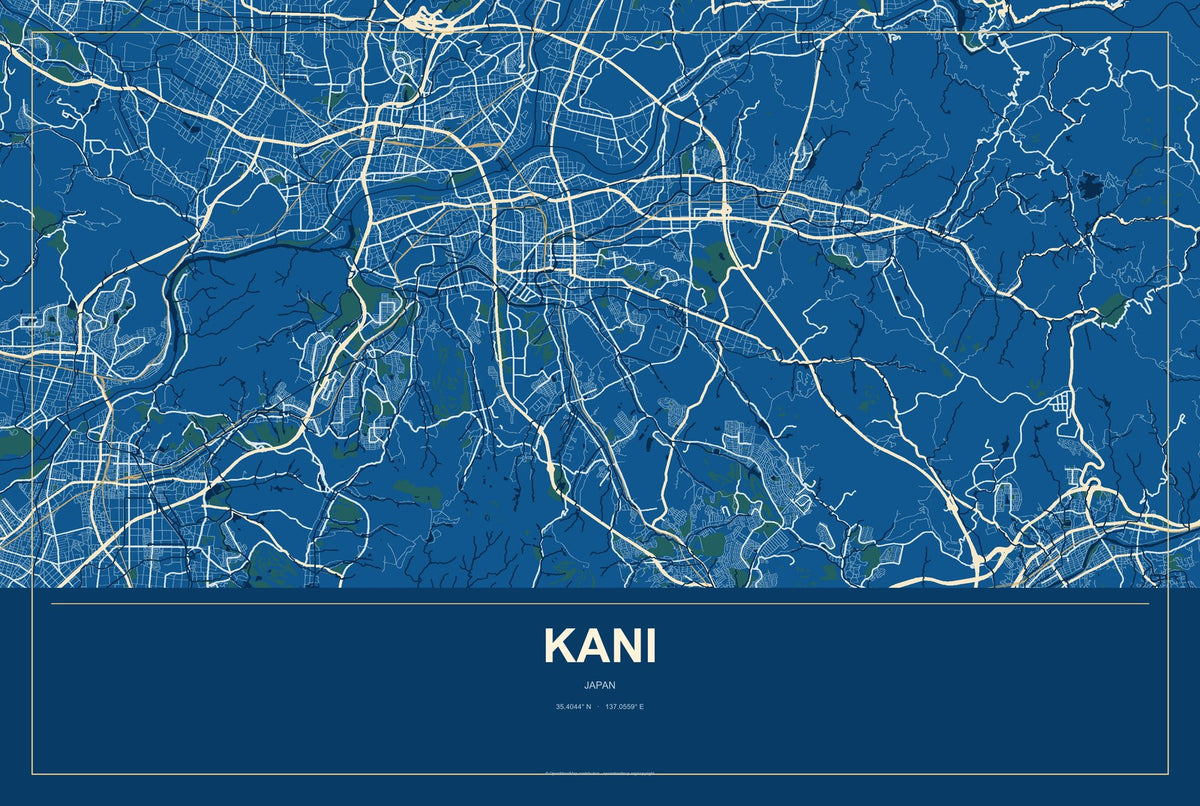 Kani, Japan City Map Aluminum Sign in Harbor Cobalt style