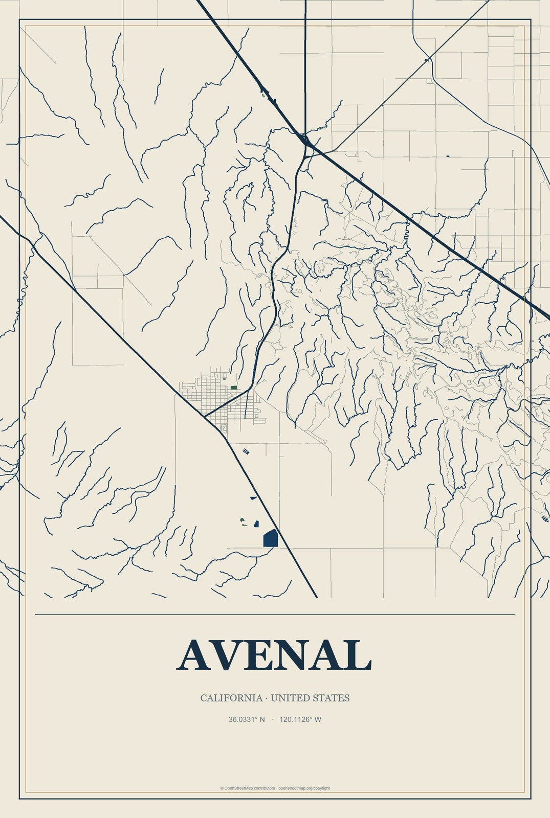 Avenal, California City Map Aluminum Sign in Coastal Cutout style