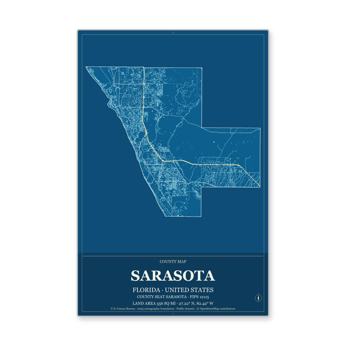 Sarasota County, Florida Map Aluminum Sign in Harbor Cobalt style