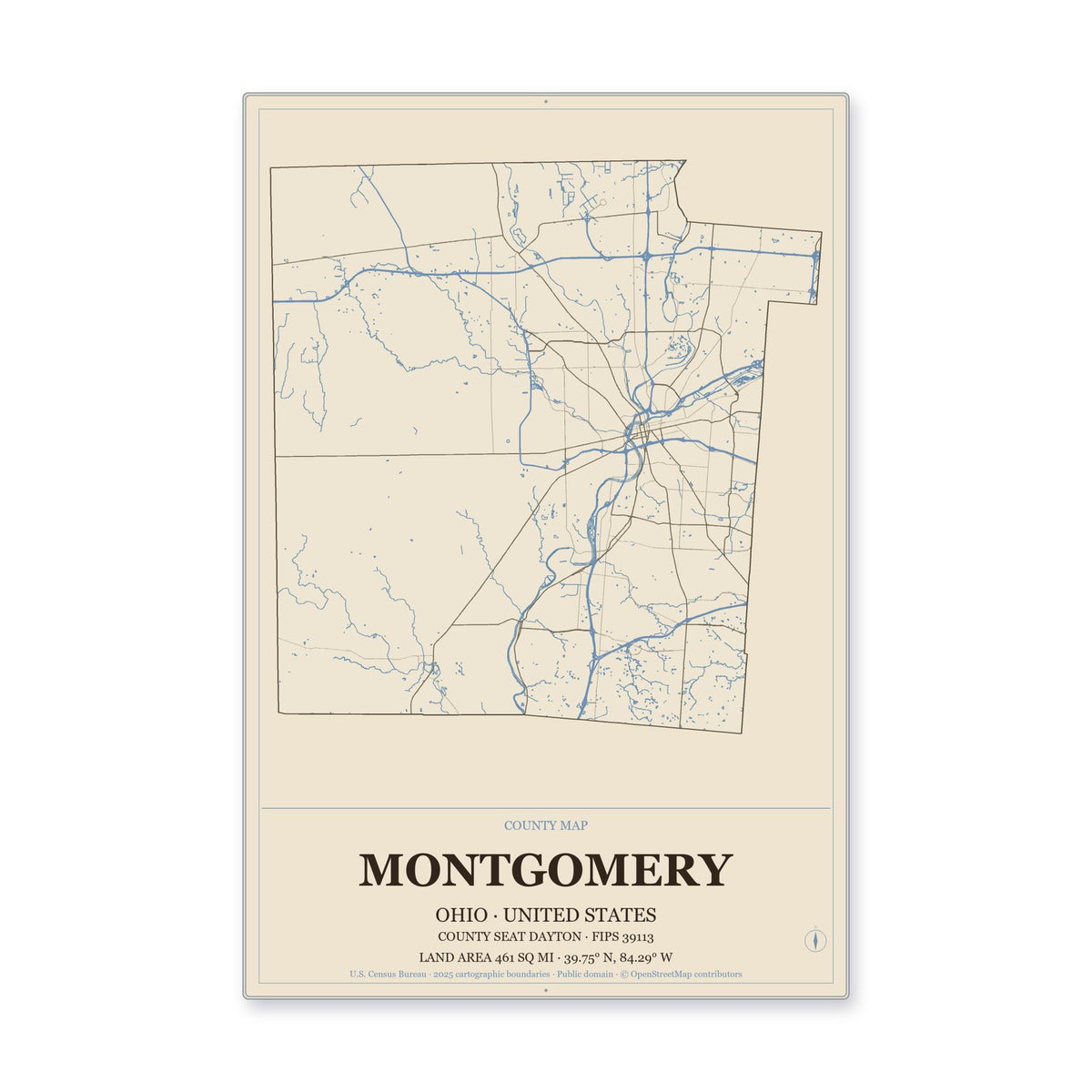 Montgomery County, Ohio Map Aluminum Sign in Heritage Nautical style