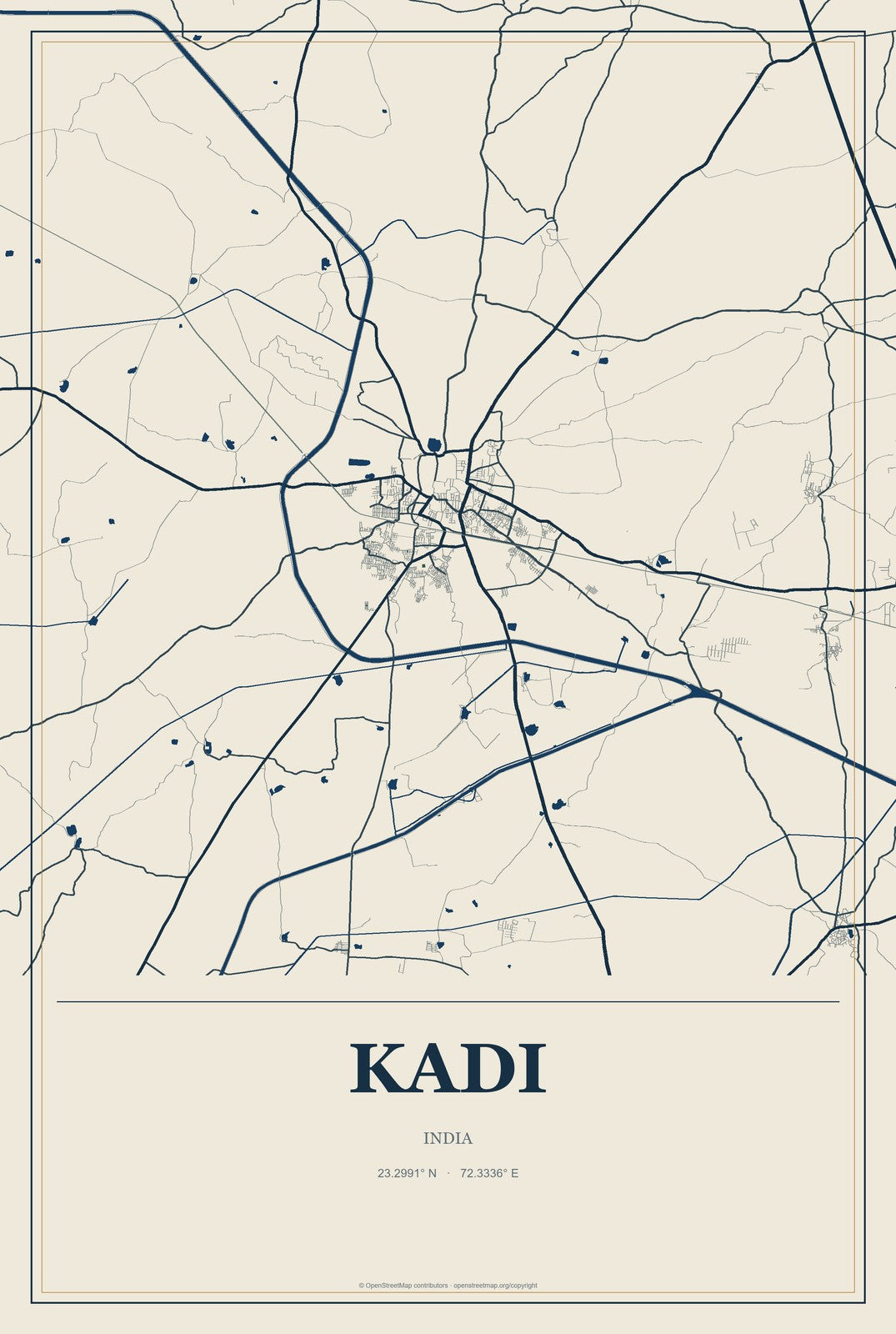 Kadi, India City Map Aluminum Sign in Coastal Cutout style
