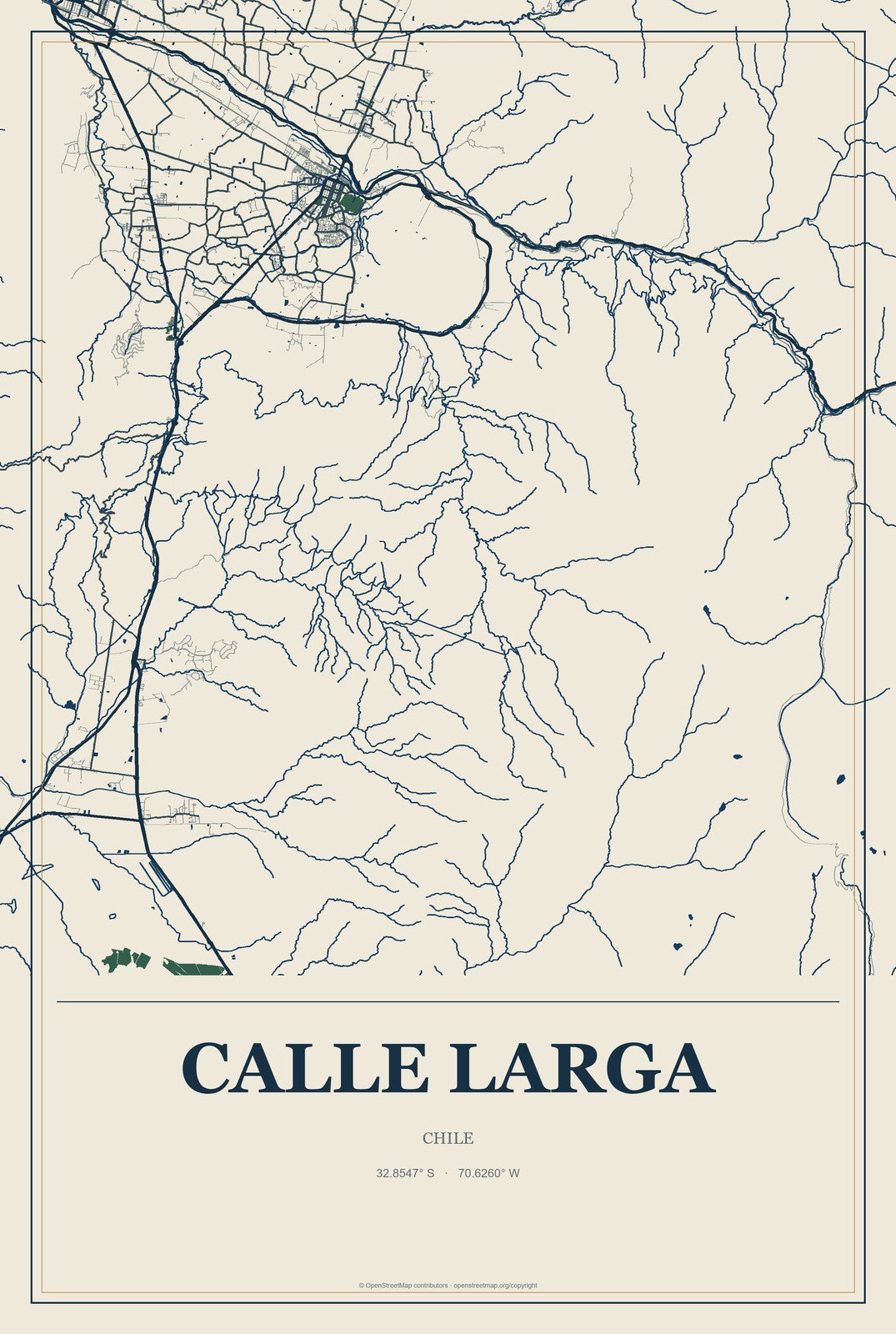 Calle Larga, Chile City Map Aluminum Sign in Coastal Cutout style