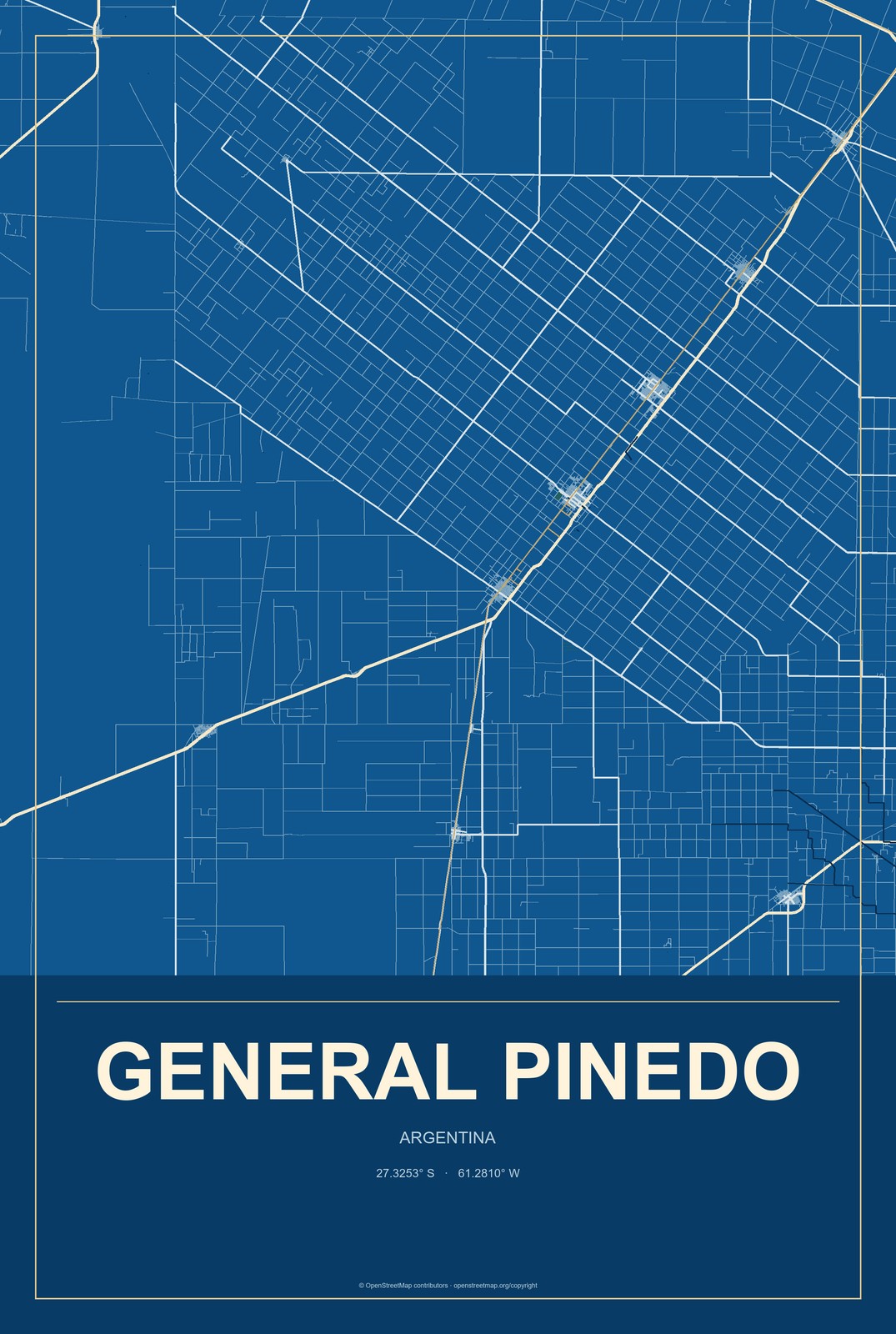 General Pinedo, Argentina City Map Aluminum Sign in Harbor Cobalt style