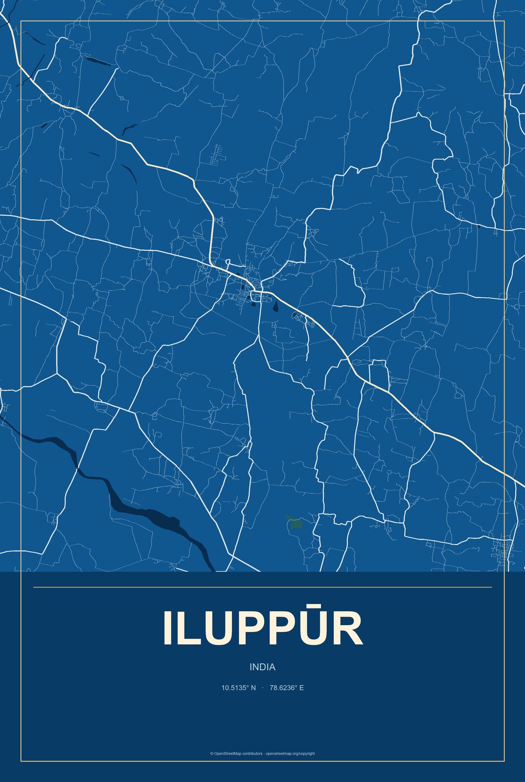 Iluppūr, India City Map Aluminum Sign in Harbor Cobalt style