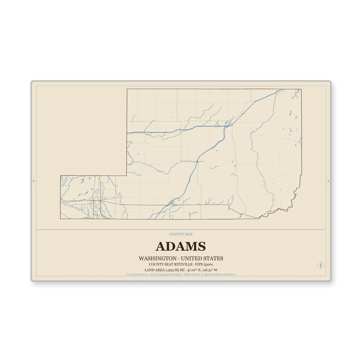 Adams County, Washington Map Aluminum Sign in Heritage Nautical style