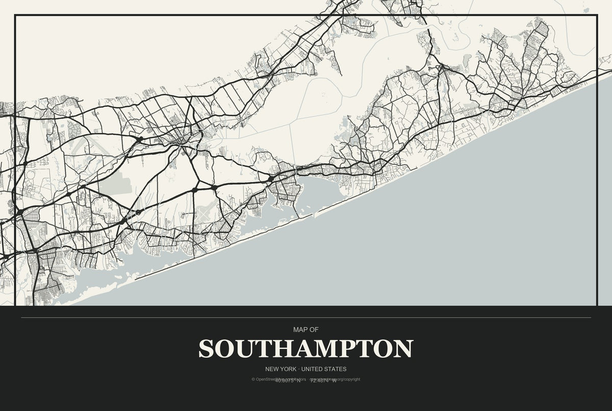 Southampton, New York City Map Aluminum Sign in Museum Plaque style