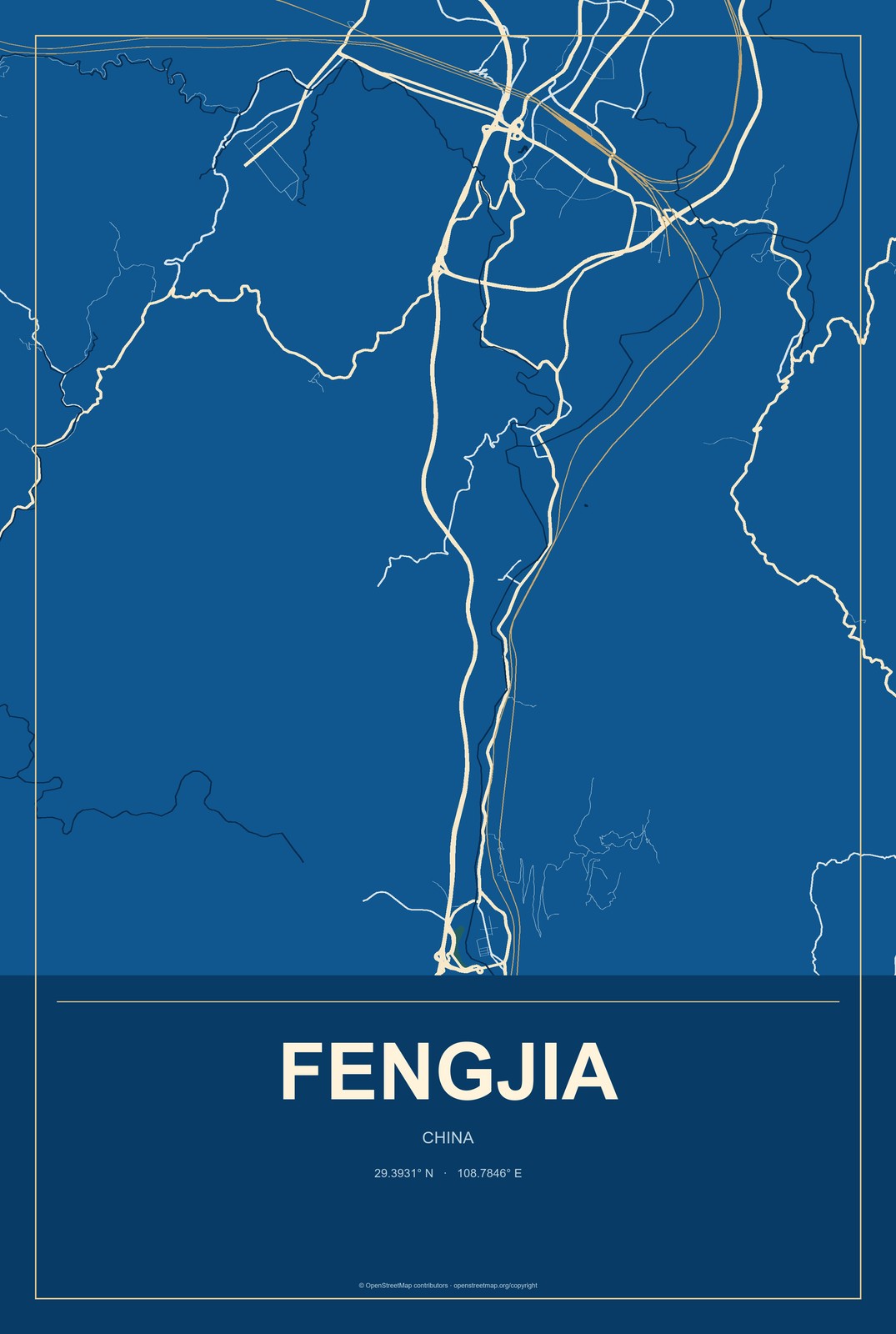 Fengjia, China City Map Aluminum Sign in Harbor Cobalt style