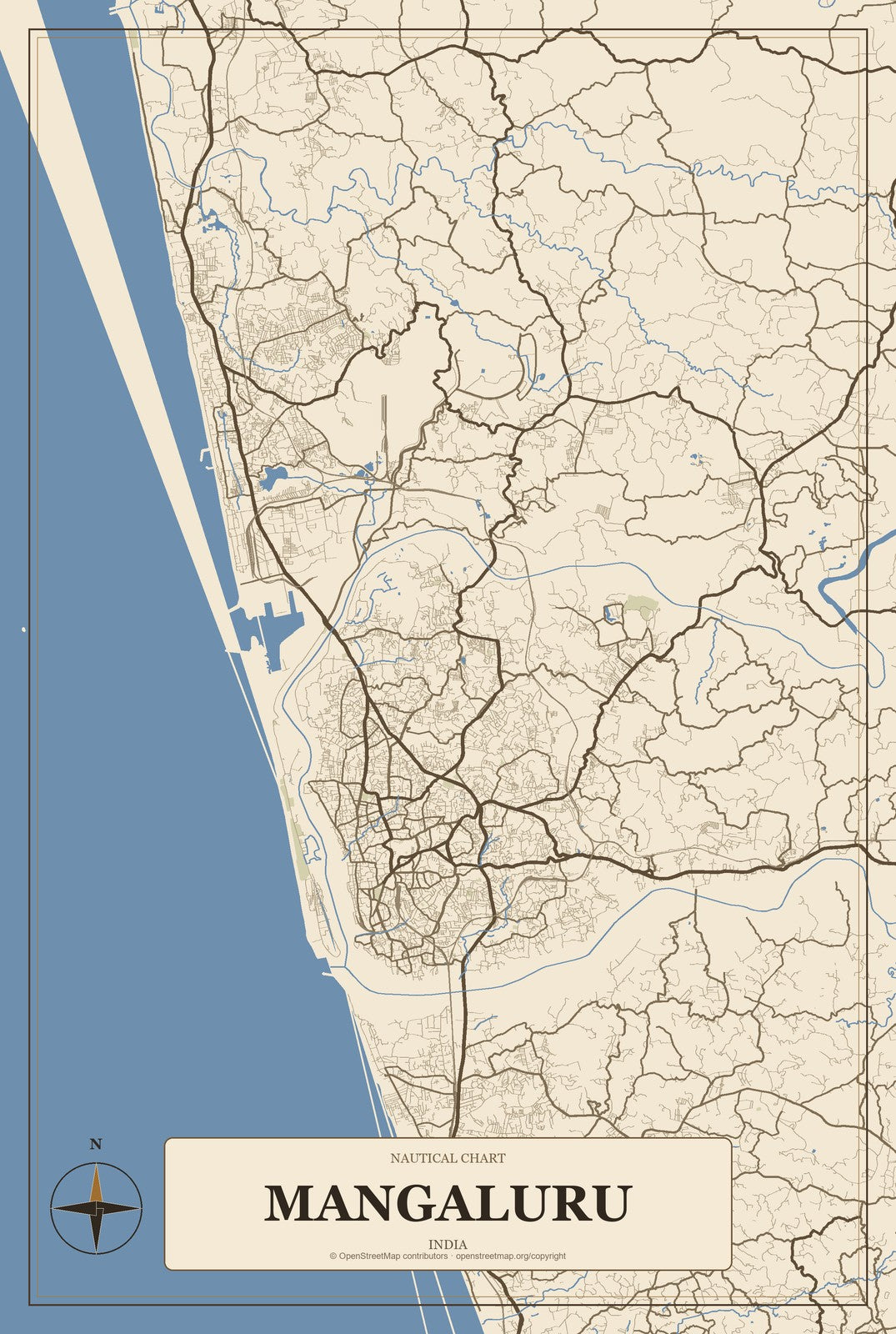 Mangaluru, India City Map Aluminum Sign in Heritage Nautical style