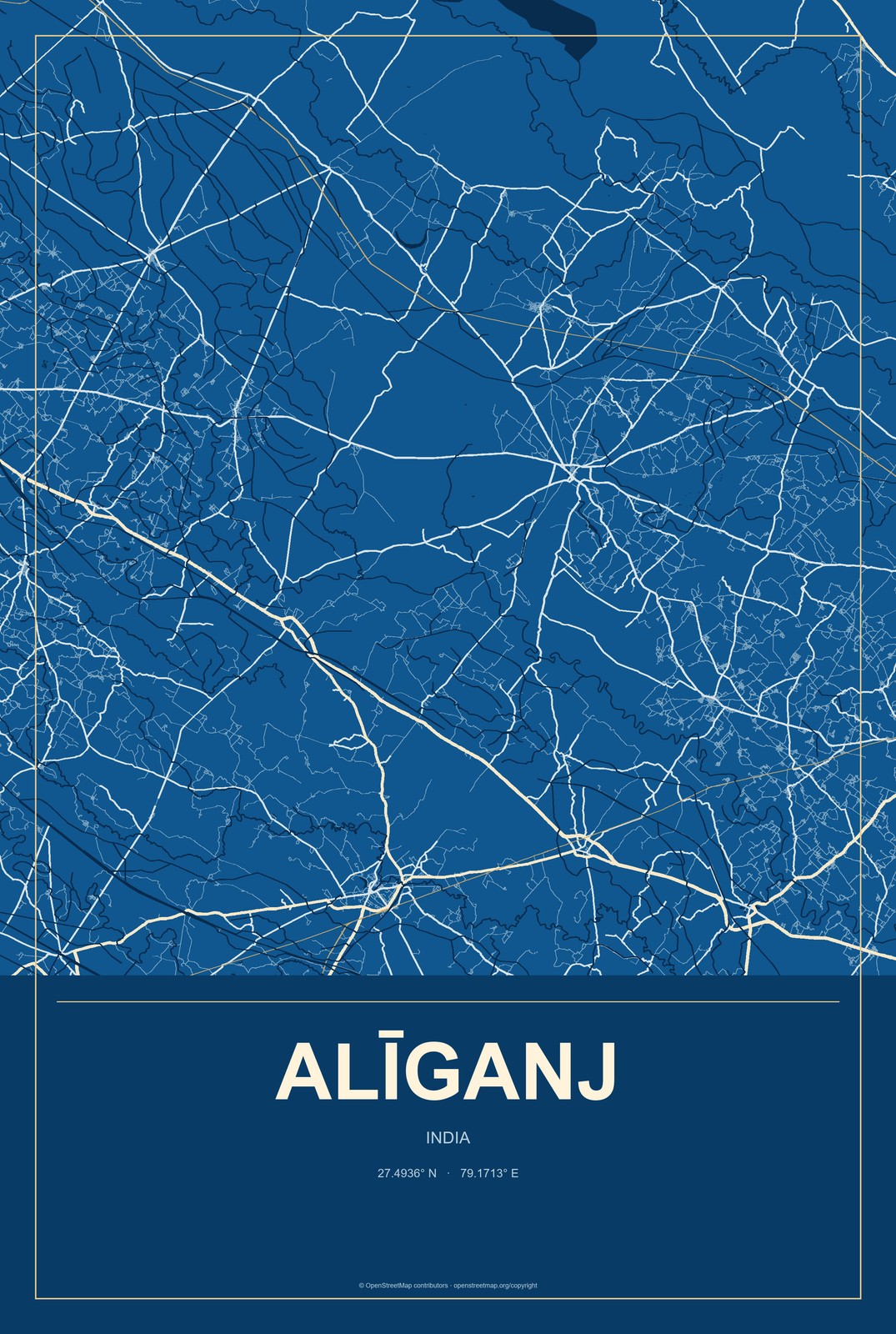 Alīganj, India City Map Aluminum Sign in Harbor Cobalt style