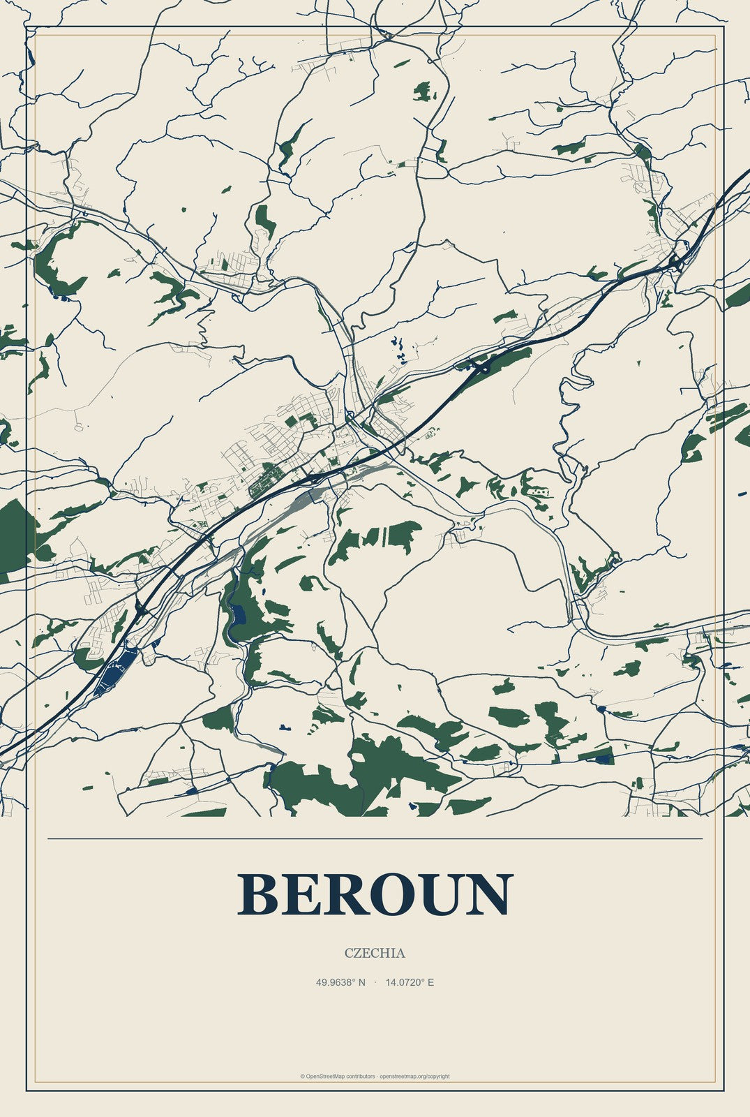 Beroun, Czechia City Map Aluminum Sign in Coastal Cutout style