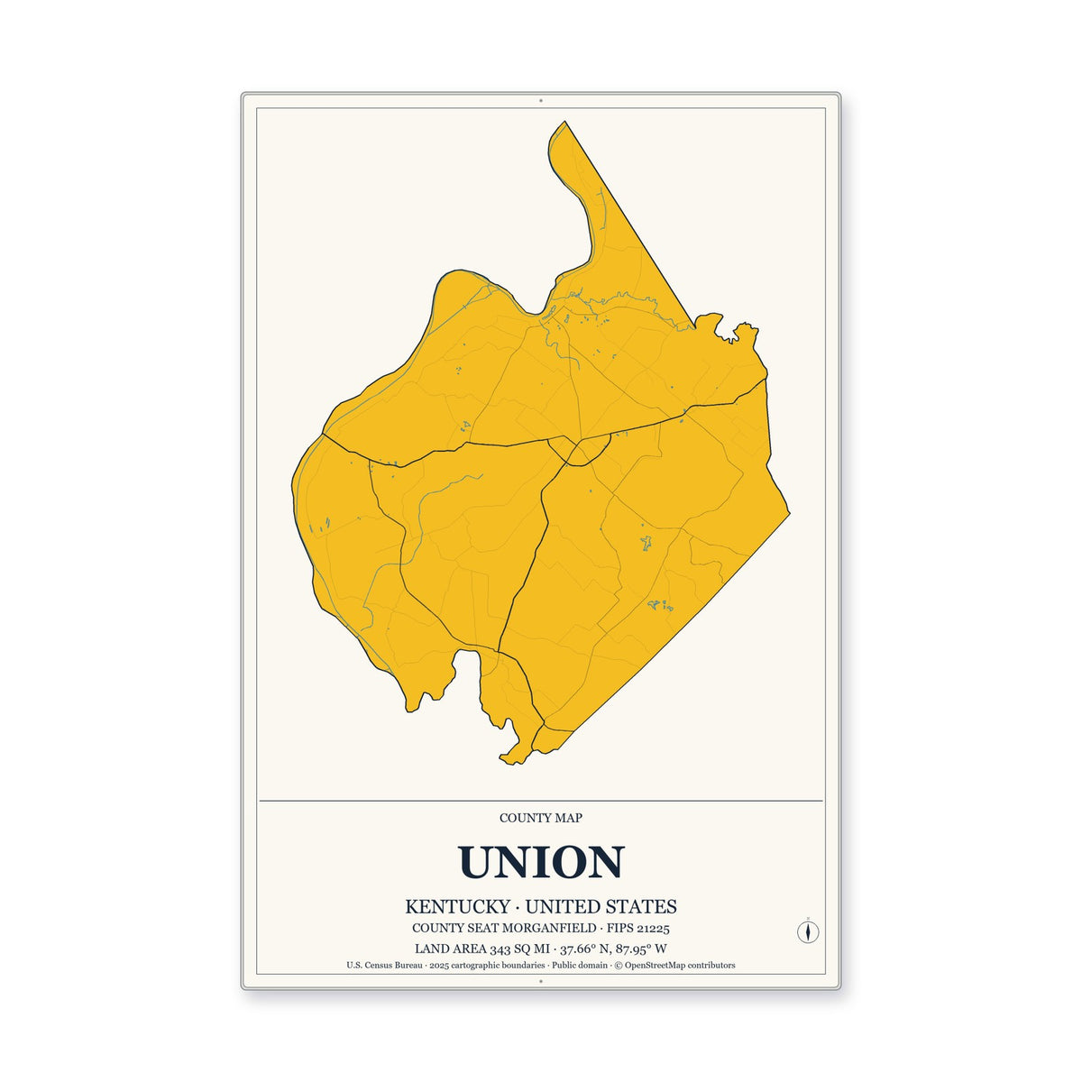 Union County, Kentucky Map Aluminum Sign in Citrine Modern style