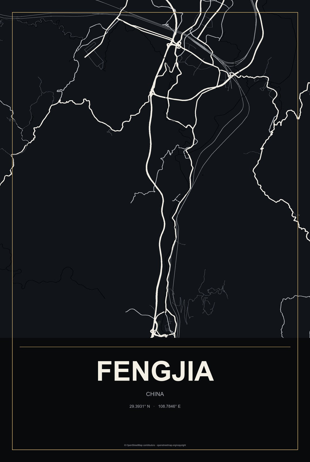 Fengjia, China City Map Aluminum Sign in Metropolitan Noir style