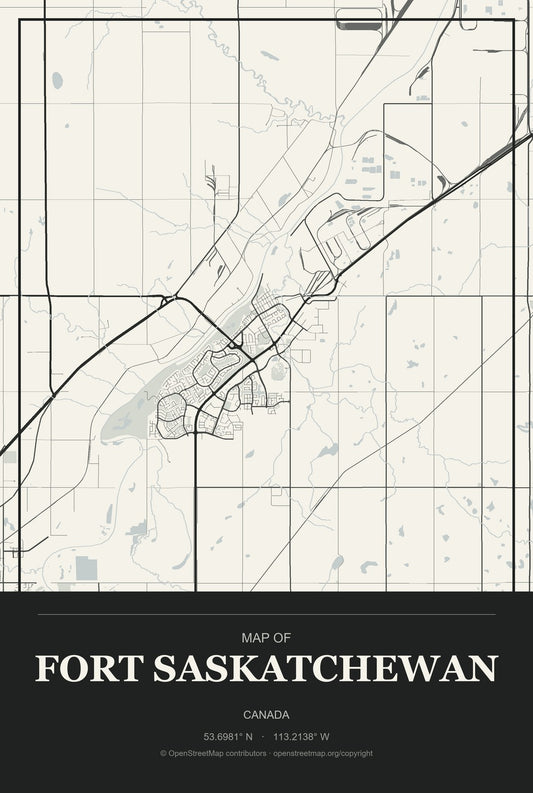 Fort Saskatchewan, Canada City Map Aluminum Sign in Museum Plaque style