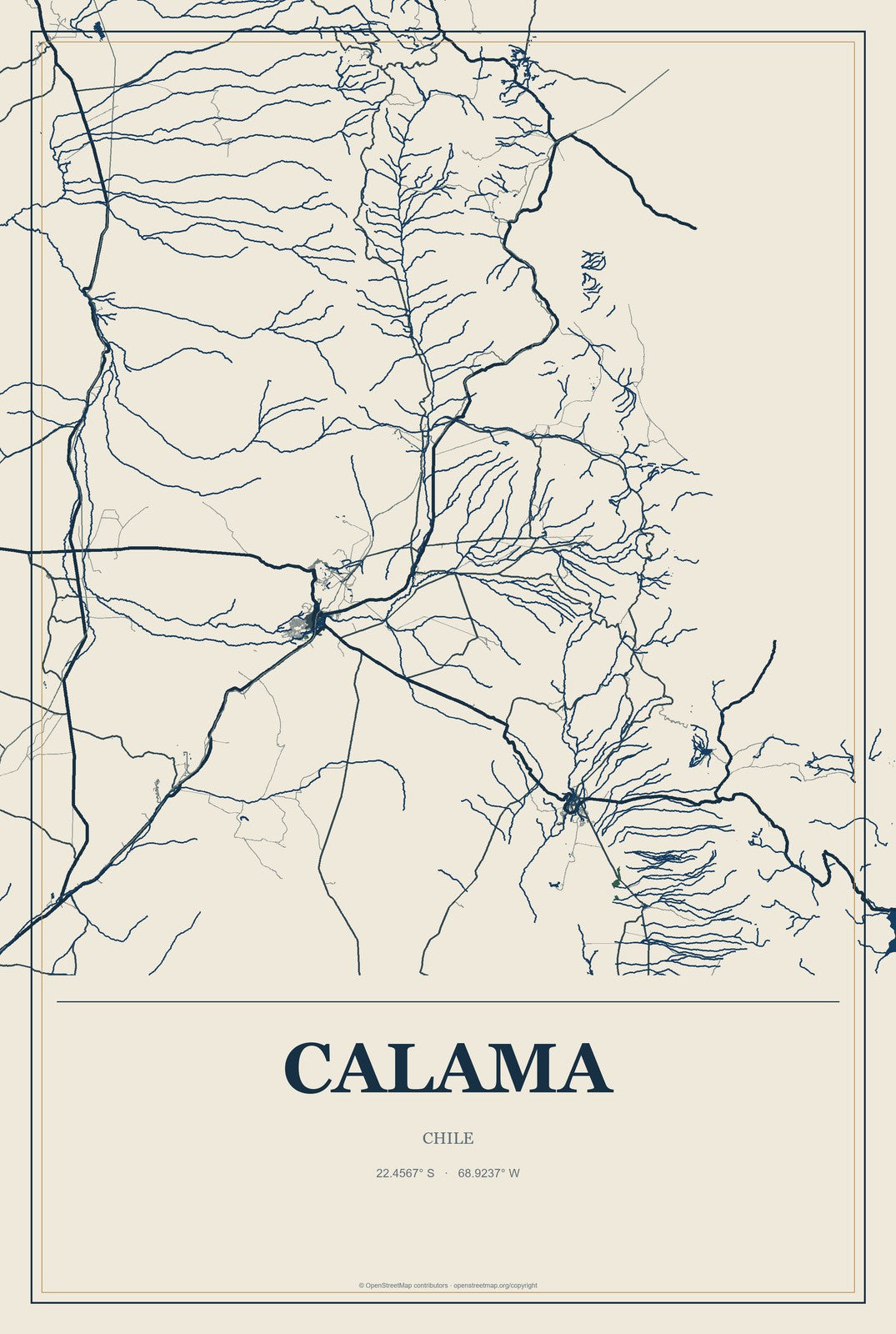 Calama, Chile City Map Aluminum Sign in Coastal Cutout style