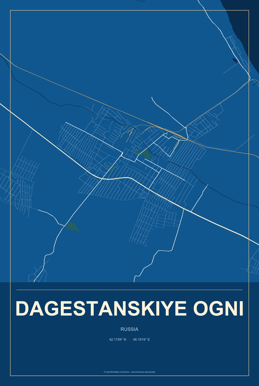 Dagestanskiye Ogni, Russia City Map Aluminum Sign in Harbor Cobalt style