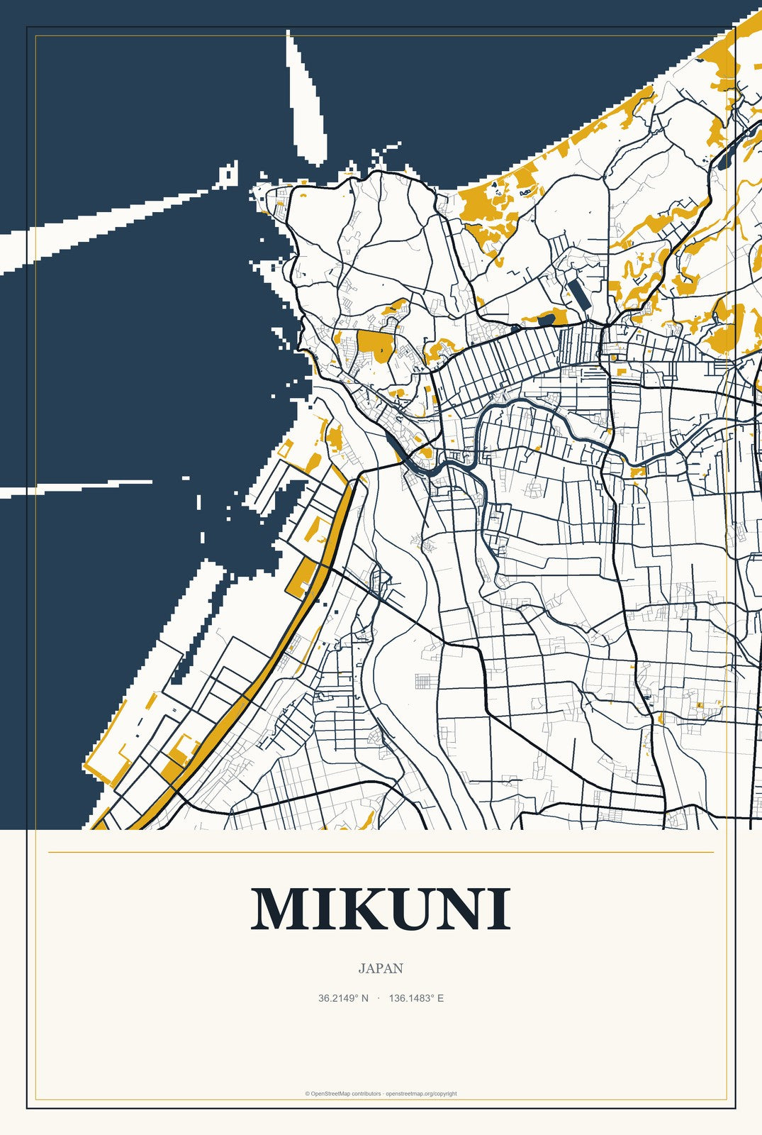 Mikuni, Japan City Map Aluminum Sign in Citrine Modern style