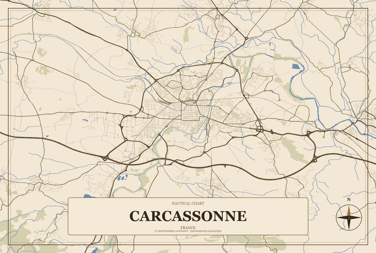 Carcassonne, France City Map Aluminum Sign in Heritage Nautical style