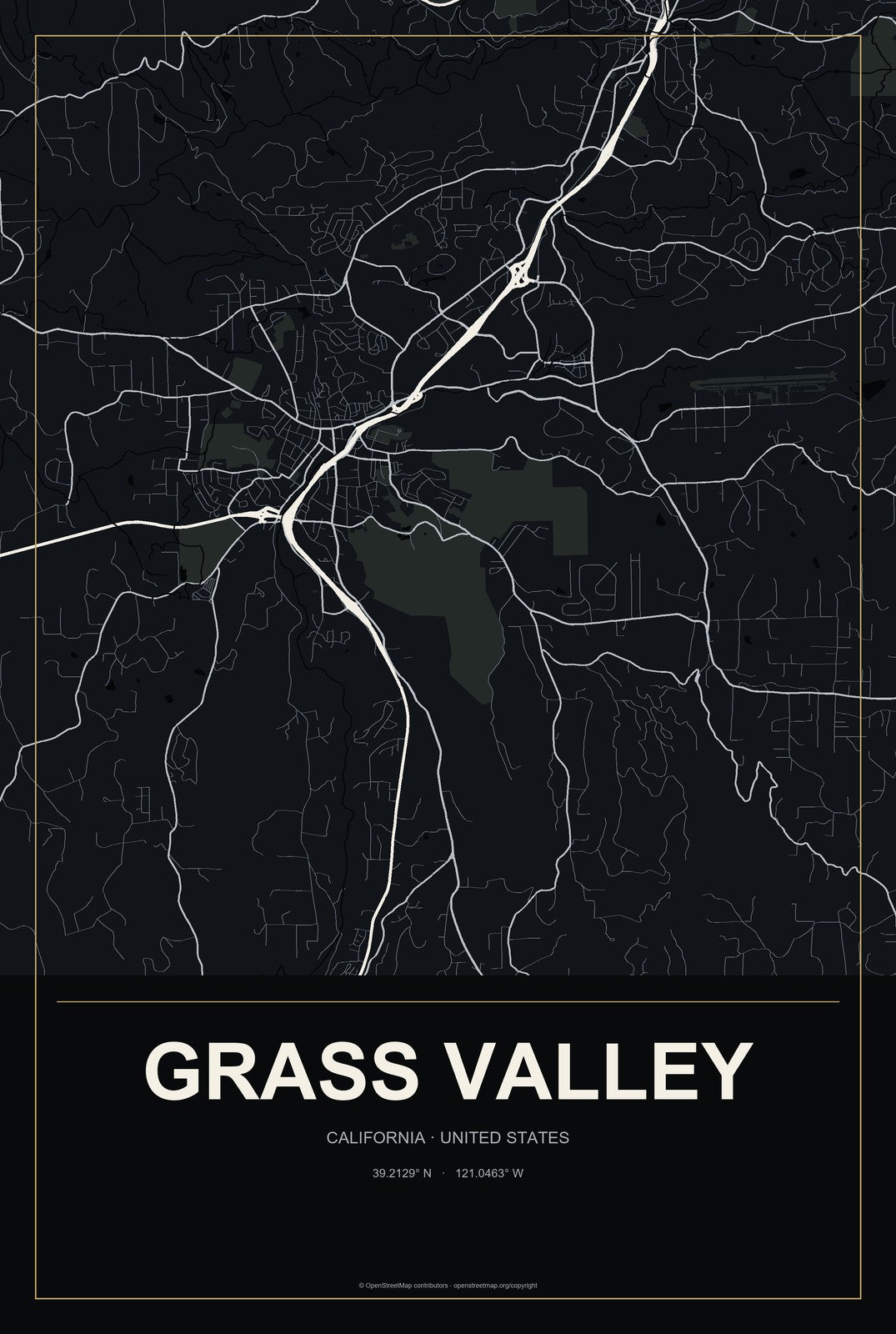 Grass Valley, California City Map Aluminum Sign in Metropolitan Noir style
