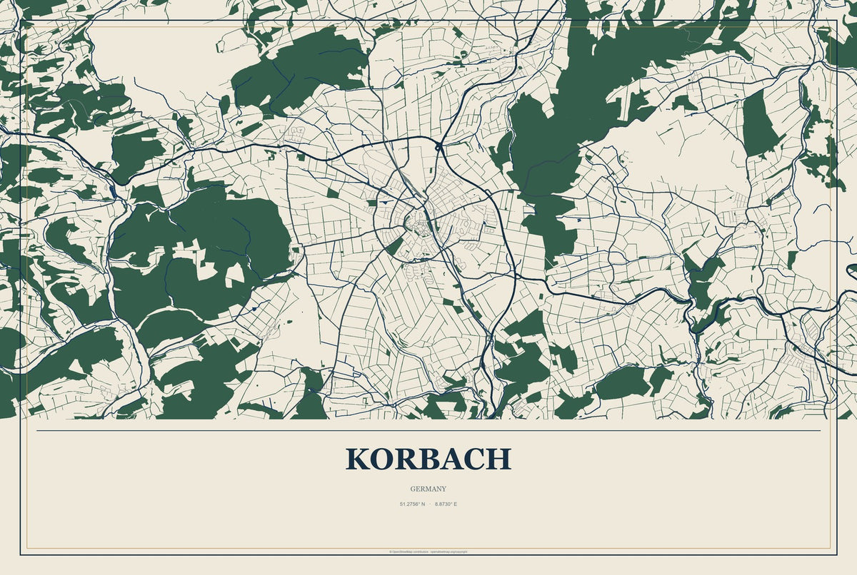 Korbach, Germany City Map Aluminum Sign in Coastal Cutout style