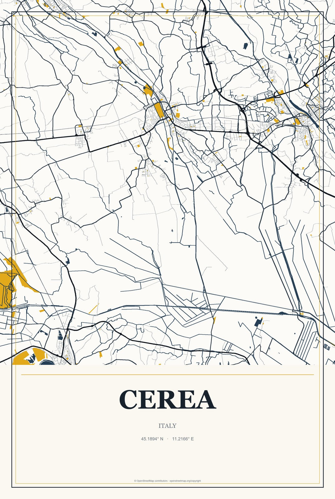 Cerea, Italy City Map Aluminum Sign in Citrine Modern style
