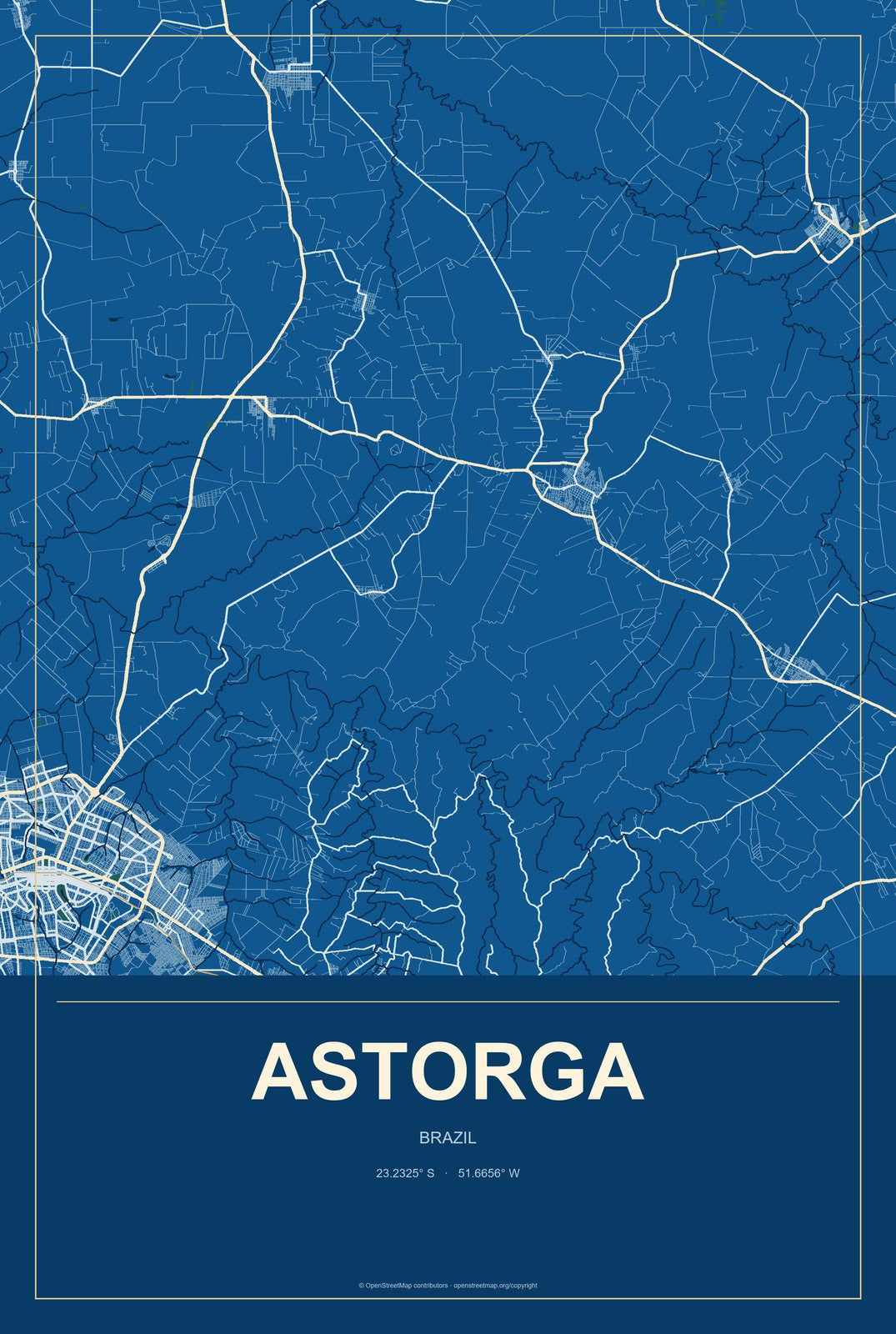 Astorga, Brazil City Map Aluminum Sign in Harbor Cobalt style