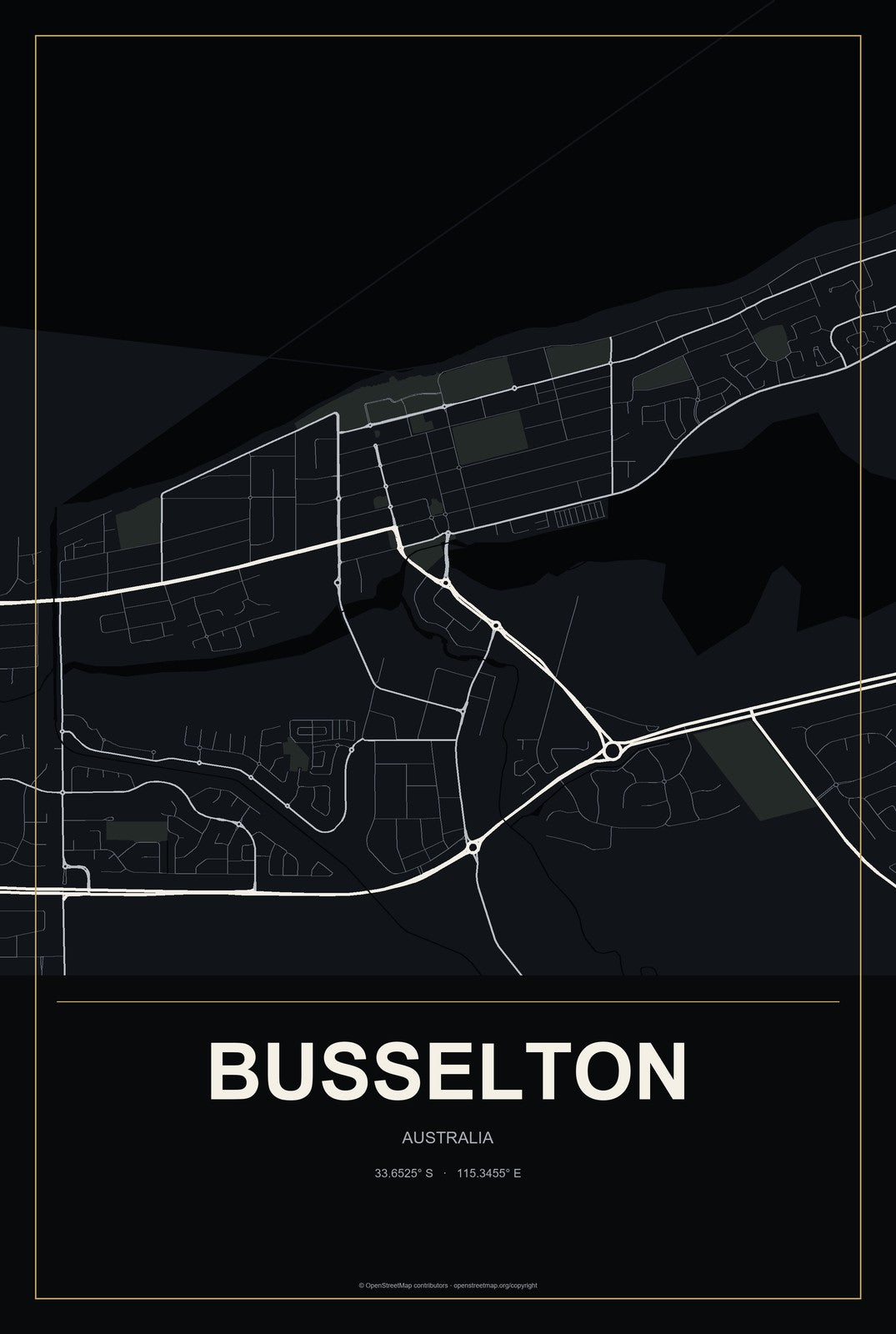 Busselton, Australia City Map Aluminum Sign in Metropolitan Noir style