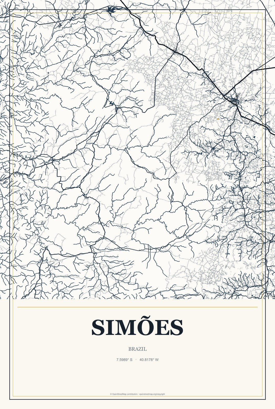 Simões, Brazil City Map Aluminum Sign in Citrine Modern style