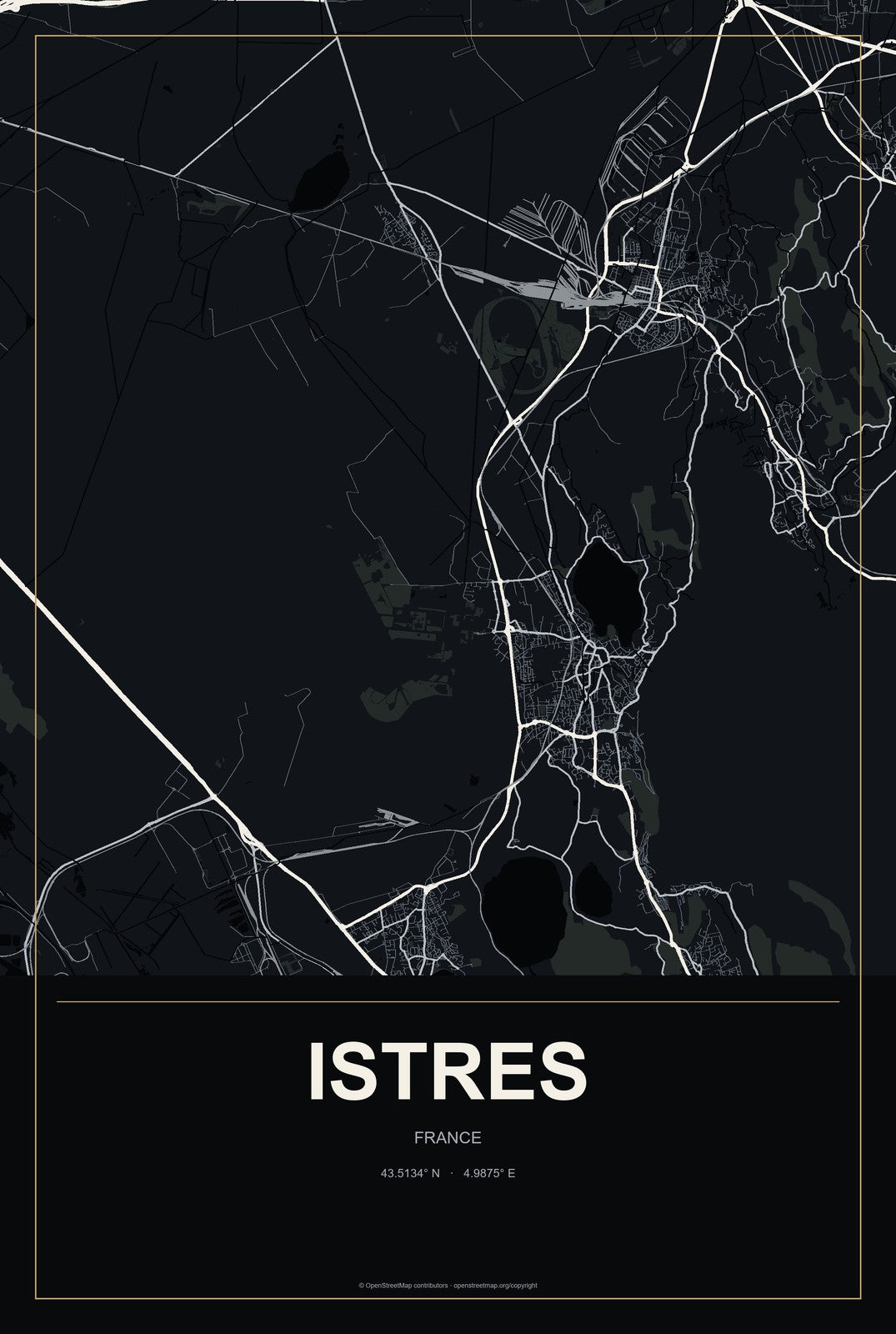 Istres, France City Map Aluminum Sign in Metropolitan Noir style