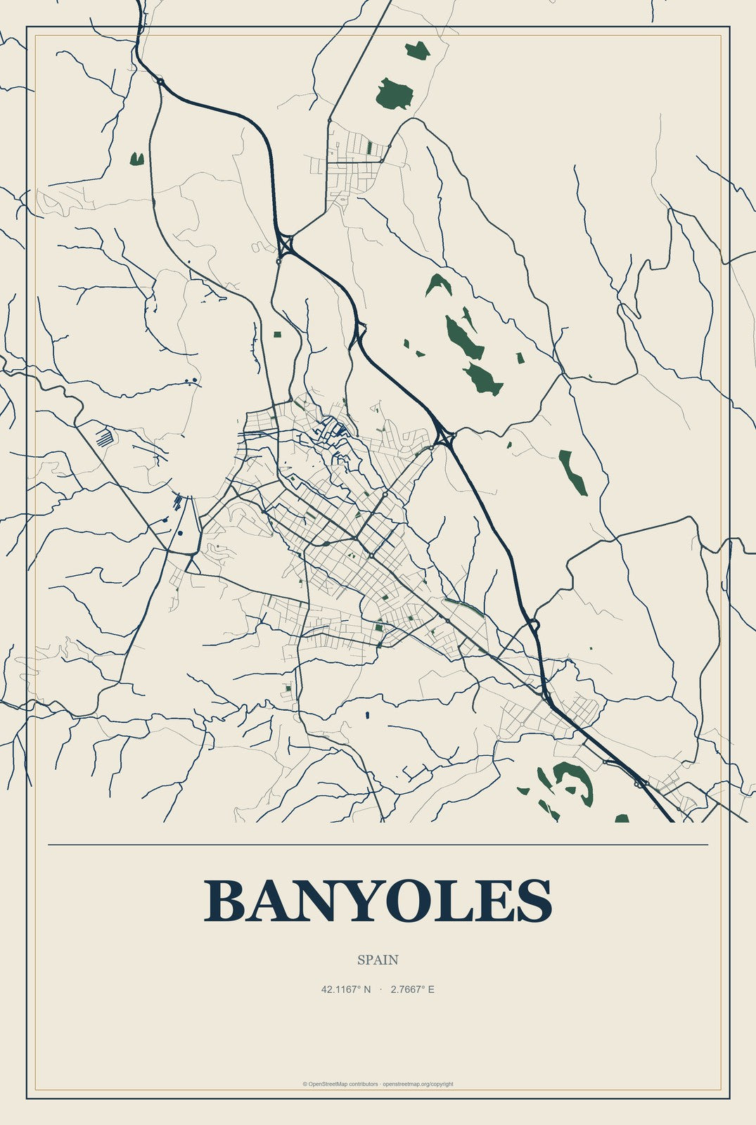 Banyoles, Spain City Map Aluminum Sign in Coastal Cutout style