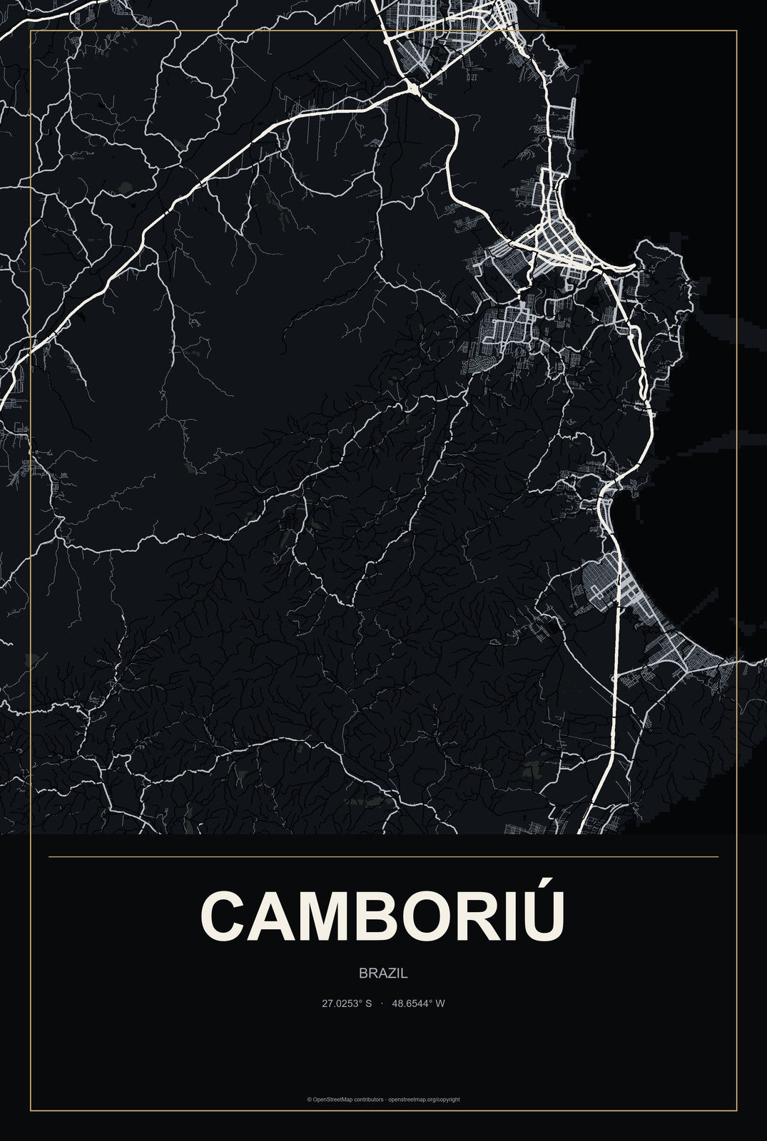 Camboriú, Brazil City Map Aluminum Sign in Metropolitan Noir style