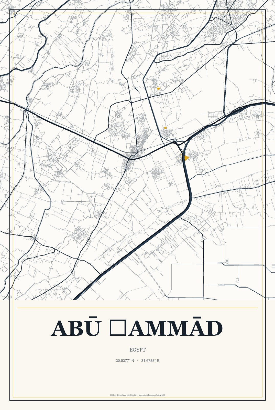 Abū Ḩammād, Egypt City Map Aluminum Sign in Citrine Modern style