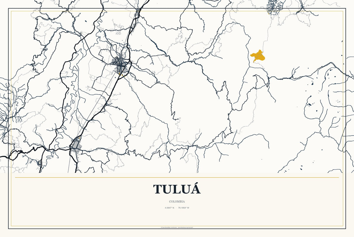 Tuluá, Colombia City Map Aluminum Sign in Citrine Modern style