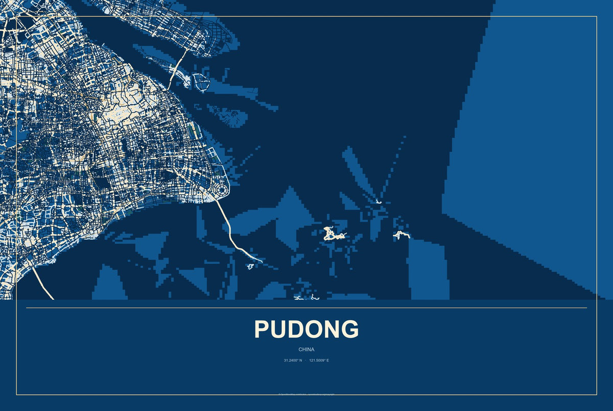Pudong, China City Map Aluminum Sign in Harbor Cobalt style