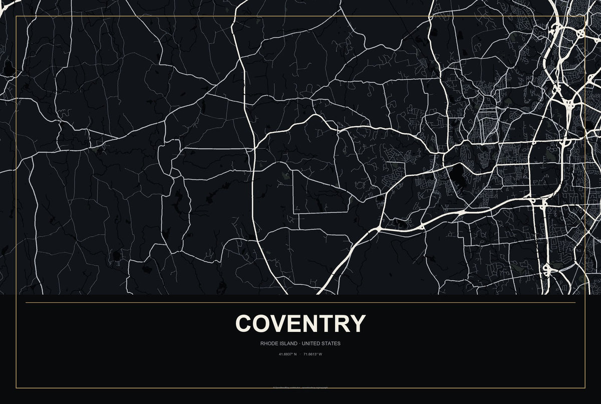 Coventry, Rhode Island City Map Aluminum Sign in Metropolitan Noir style
