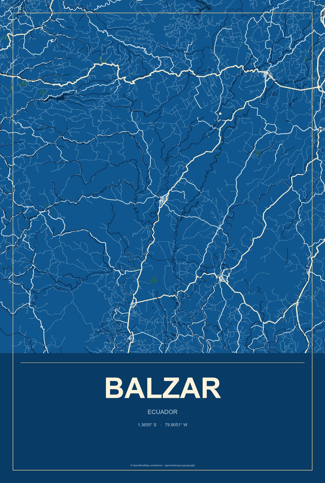 Balzar, Ecuador City Map Aluminum Sign in Harbor Cobalt style