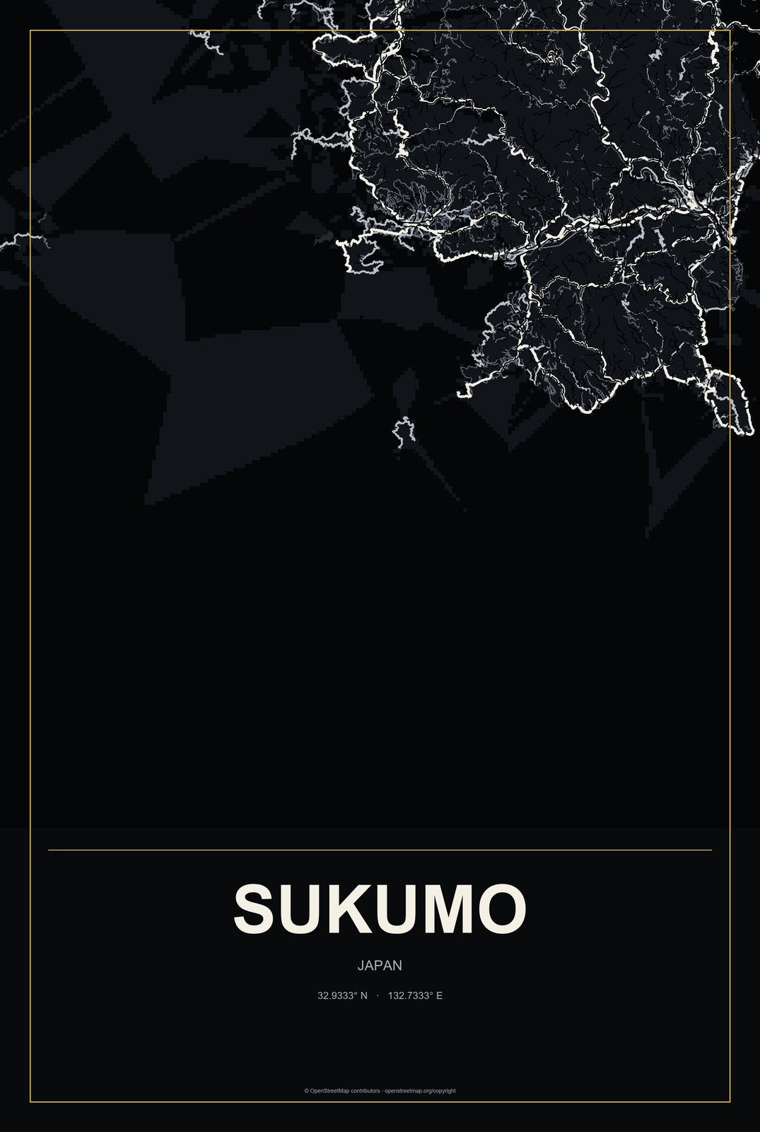 Sukumo, Japan City Map Aluminum Sign in Metropolitan Noir style