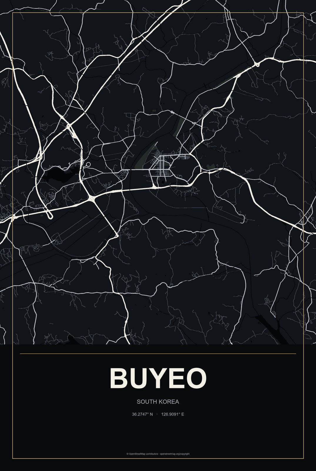 Buyeo, South Korea City Map Aluminum Sign in Metropolitan Noir style