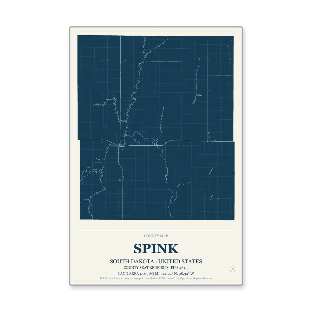 Spink County, South Dakota Map Aluminum Sign in Coastal Cutout style