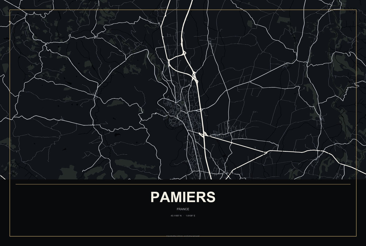 Pamiers, France City Map Aluminum Sign in Metropolitan Noir style