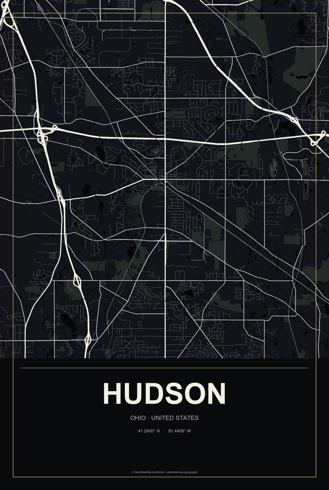 Hudson, Ohio City Map Aluminum Sign in Metropolitan Noir style