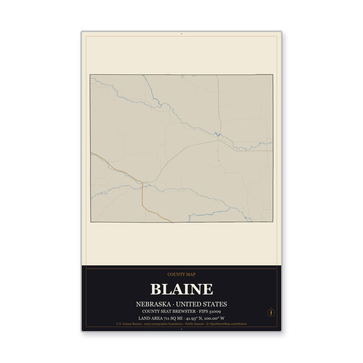 Blaine County, Nebraska Map Aluminum Sign in Museum Plaque style