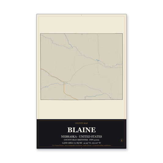 Blaine County, Nebraska Map Aluminum Sign in Museum Plaque style