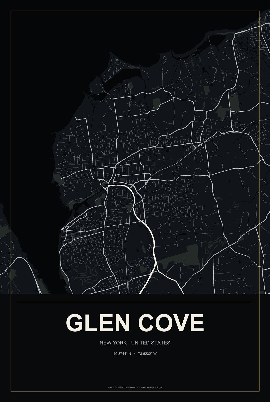 Glen Cove, New York City Map Aluminum Sign in Metropolitan Noir style