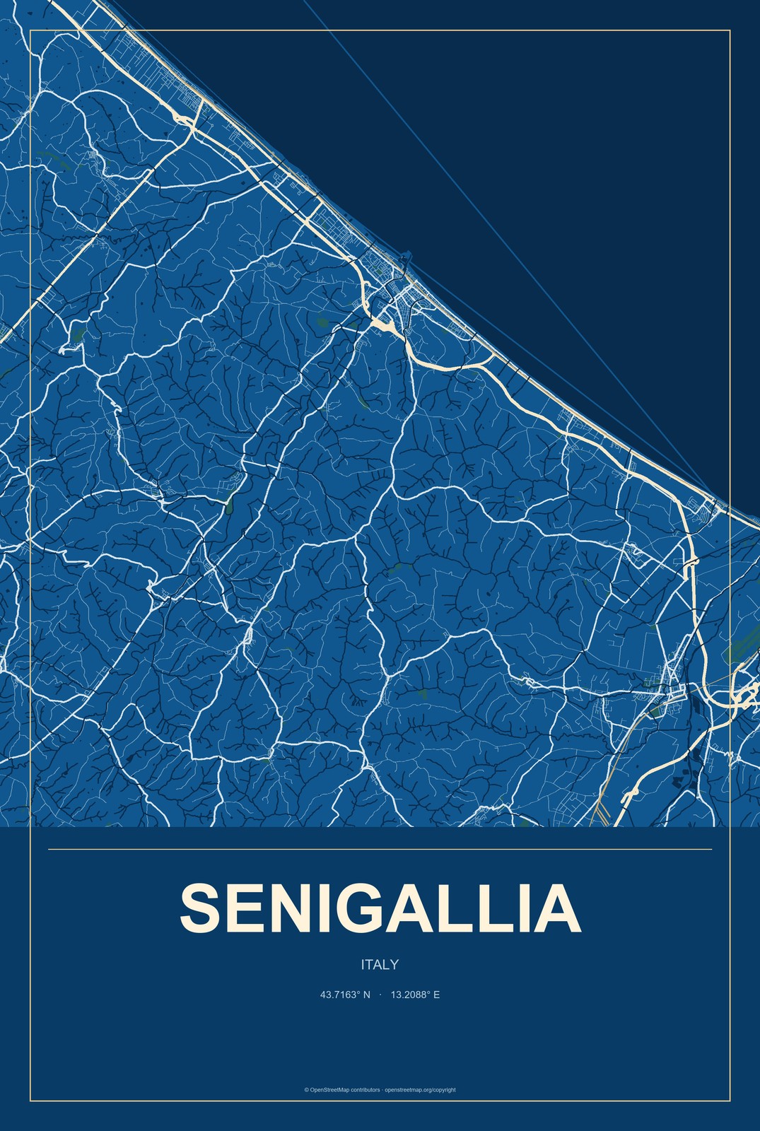 Senigallia, Italy City Map Aluminum Sign in Harbor Cobalt style
