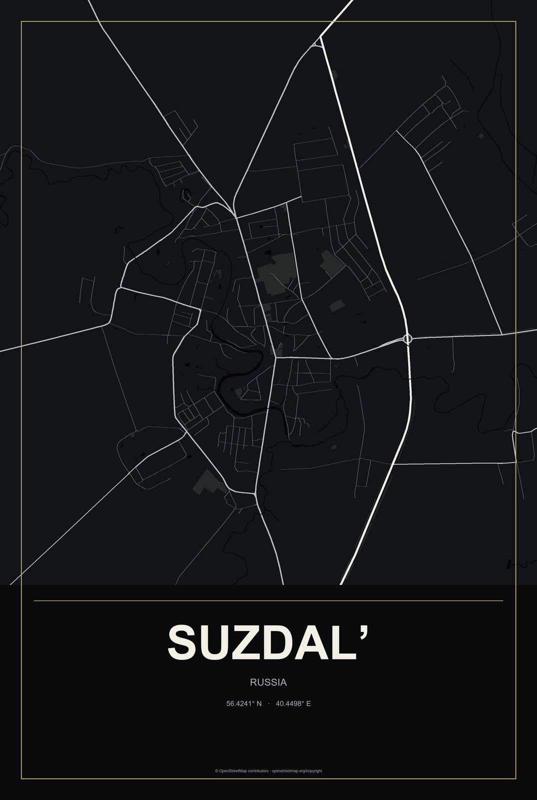 Suzdal’, Russia City Map Aluminum Sign in Metropolitan Noir style