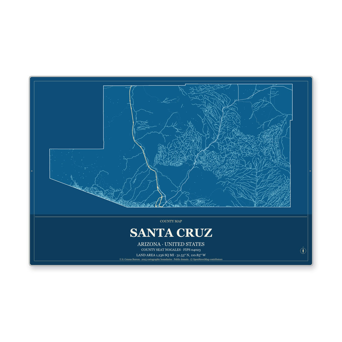 Santa Cruz County, Arizona Map Aluminum Sign in Harbor Cobalt style