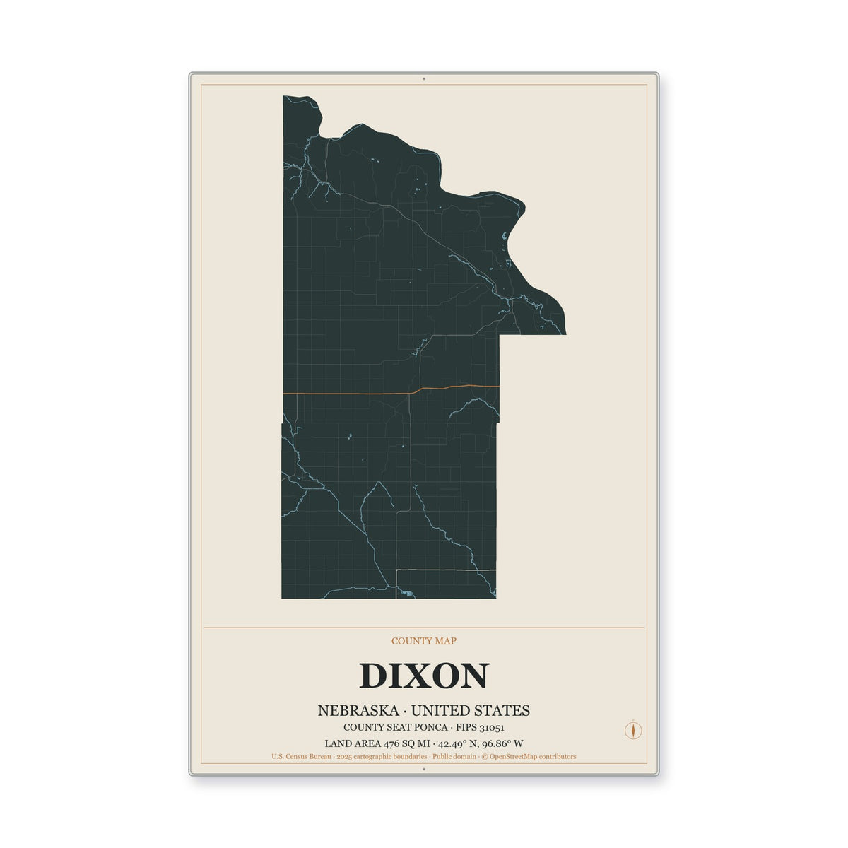 Dixon County, Nebraska Map Aluminum Sign in Headline Atlas style