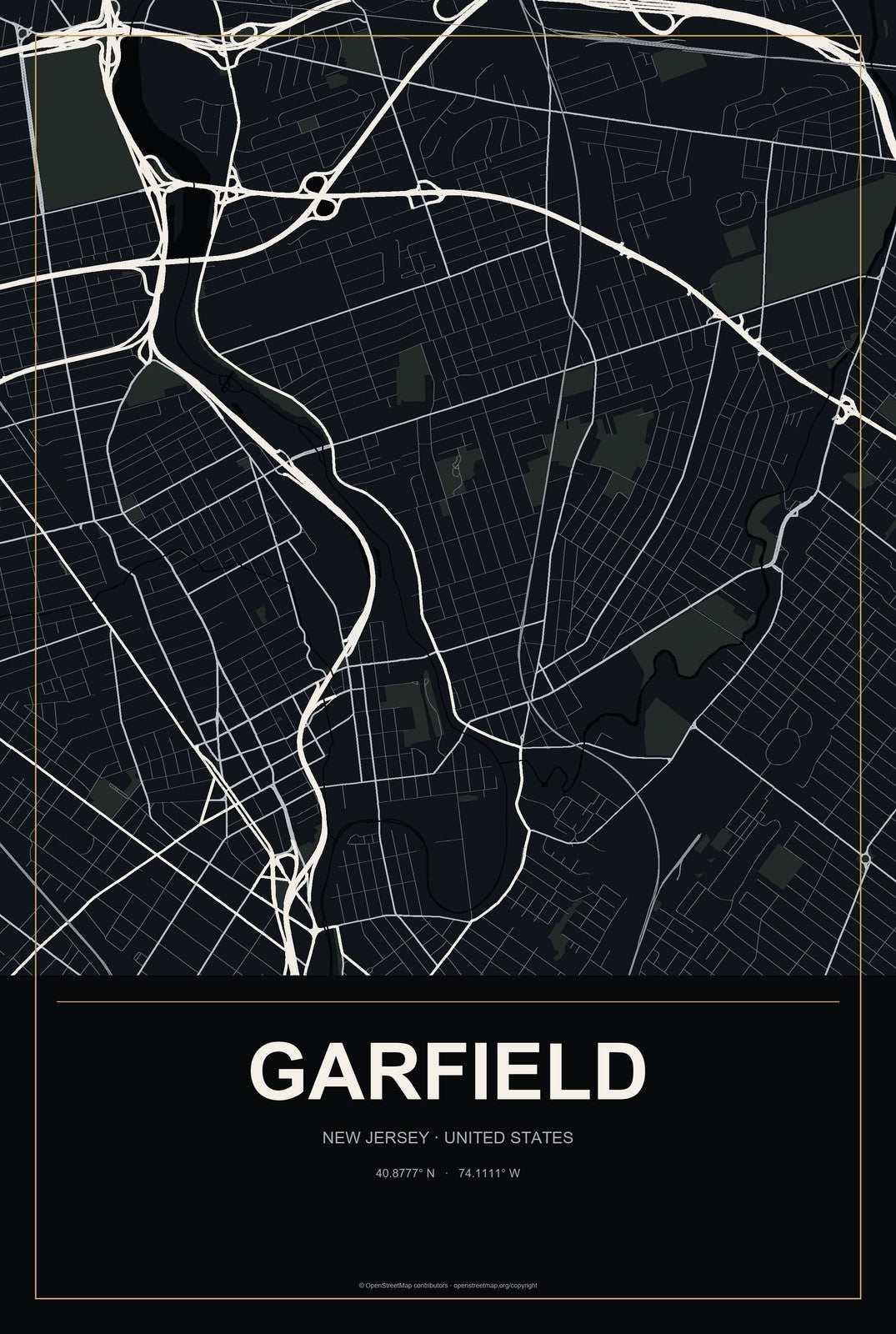 Garfield, New Jersey City Map Aluminum Sign in Metropolitan Noir style